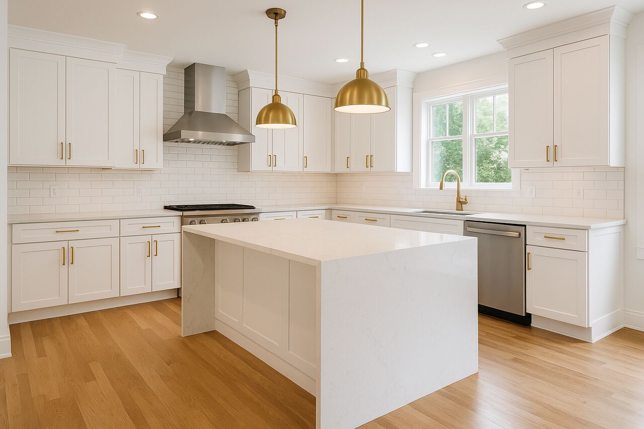 Remodeled white kitchen with island and brass pendant lighting