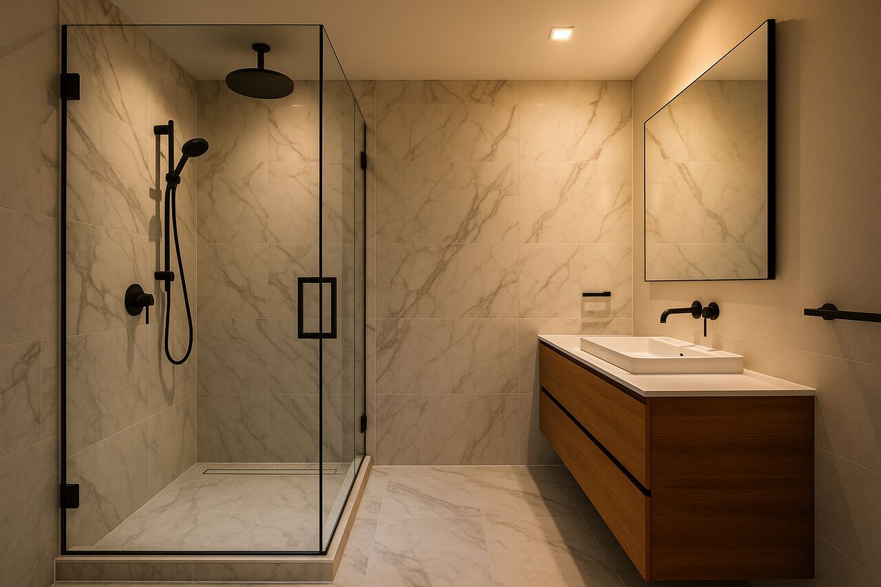Modern bathroom remodel with glass walk-in shower and floating wood vanity