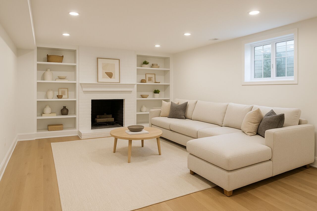 Finished basement living room with built-in shelving and fireplace