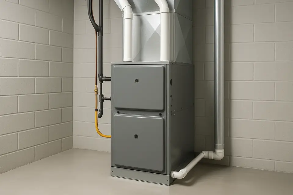 A new high-efficiency gas furnace in a clean basement