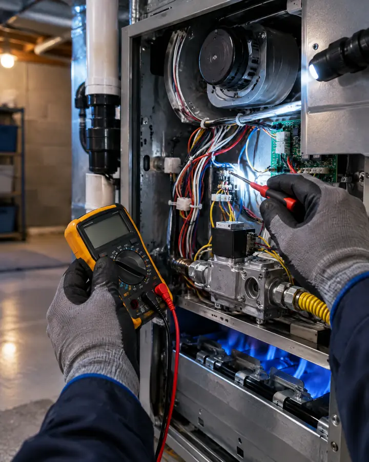 A technician testing furnace wiring with a multimeter