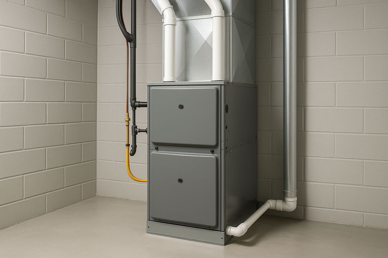 High-efficiency gas furnace installed in a residential basement