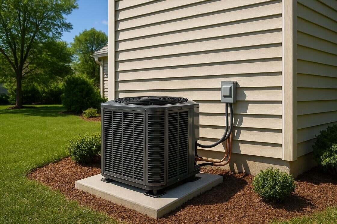 Outdoor air conditioning condenser unit beside a home