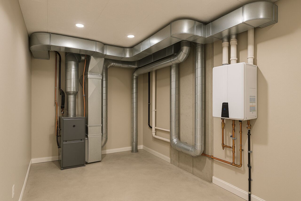 New ductwork and tankless water heater in a finished basement