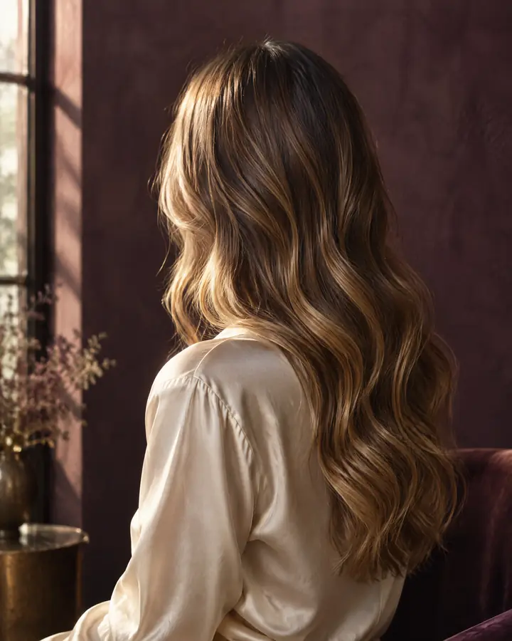 Long honey balayage with soft loose waves