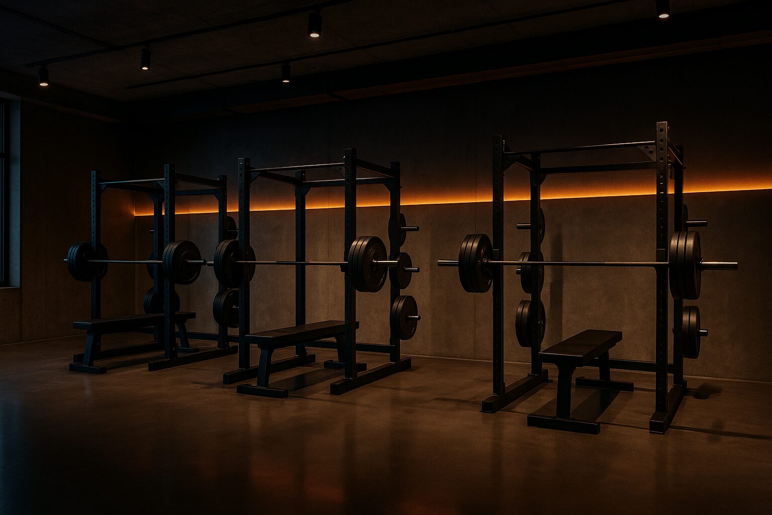 Iron Oak Strength training floor with squat racks and free weights